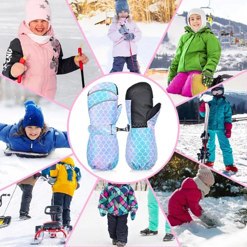 Vista 7 de AuSletie Guantes de invierno impermeables para niños, guantes de esquí para la nieve para niñas, guantes de snowboard cálidos con forro de sherpa