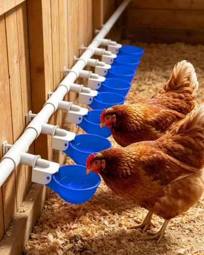 Vista 8 de Vasos para beber pollo (paquete de 8) con broca de 3/8 pulgadas, color azul Automatic Poultry Drinker Feeder Kit for Chickens, Ducks, Turkeys