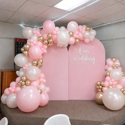 Vista 4 de Globos rosa y dorado, globo de látex rosa claro pastel de 12 pulgadas y blanco arena perla con globo metálico dorado champán beige para princesas