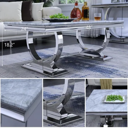 Vista 10 de Asday - Mesa auxiliar de 48 pulgadas con aspecto Glam Stone, borde protector, base en U plateada