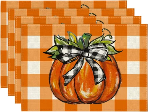 Vista 9 de Artoid Mode Juego de 4 manteles individuales de otoño con diseño de calabaza a cuadros de búfalo de 12 x 18 pulgadas para decoración de fiestas