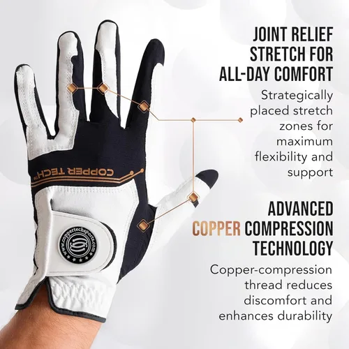 Vista 2 de Copper Tech Golf Gloves Men Right Handed Golfer Or Left Handed Golfer (2 Pack) Copper Compression Joint Support Flexible & Comfortable Fit with