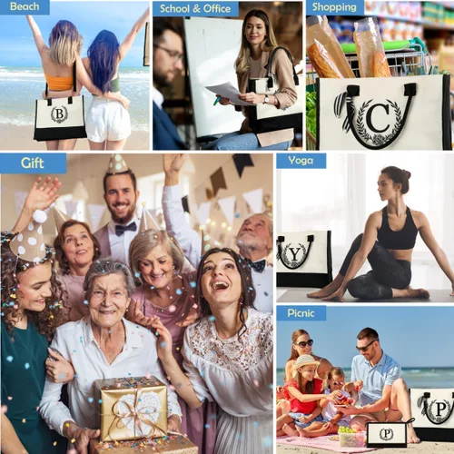 Vista 8 de Bolsa de lona con inicial, bolsa de maquillaje, bolsa de playa con cremallera, regalos personalizados para el día de la madre para mamá y abuela