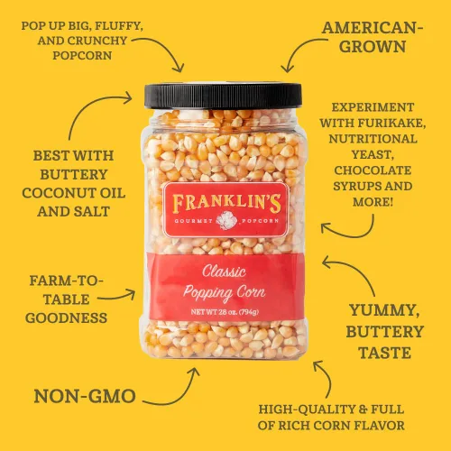Vista 2 de Tubo de palomitas gourmet de Franklin's de 28 oz: granos clásicos para hacer palomitas - Hecho en EE. UU., sin OMG y 100% natural - Granos