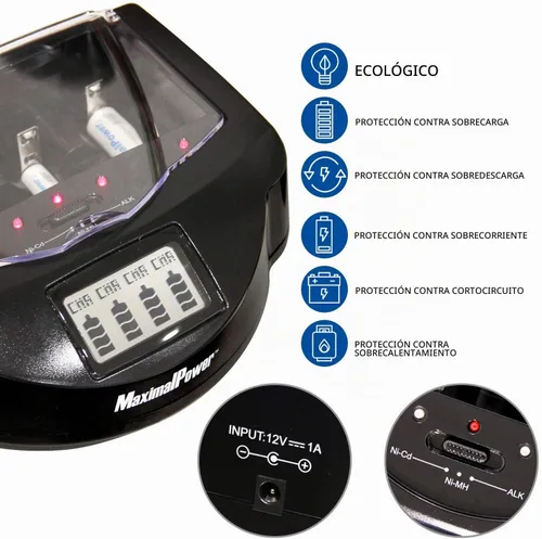 Vista 4 de MaximalPower cargador de batería recargable ultra rápido para 8 baterías AA/AAA Ni-Mh/Ni-Cd FC999 Negro