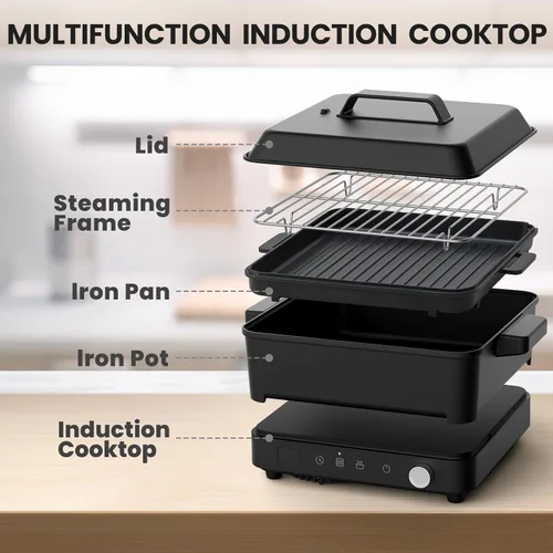 Vista 6 de Placa de cocción de inducción portátil, placa de inducción de 1500 W con 6 ajustes de temperatura, 8 potencia, temporizador de 99 minutos, incluye