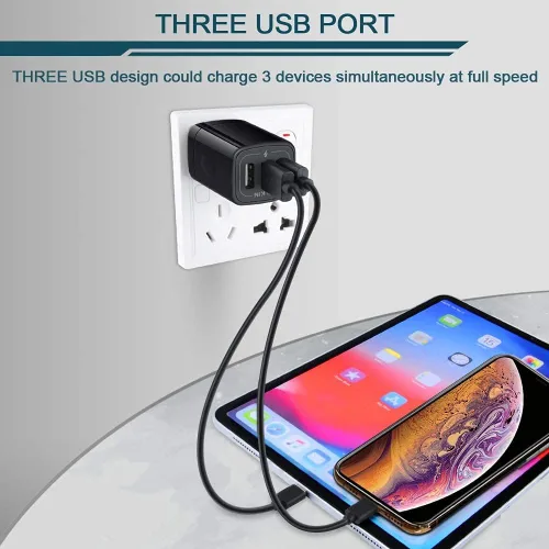 Vista 3 de AILKIN Cargador de pared USB de 3 unidades, adaptador de carga triple, bloque de carga rápida, cargador para el hogar, enchufe de cubo para iPhone