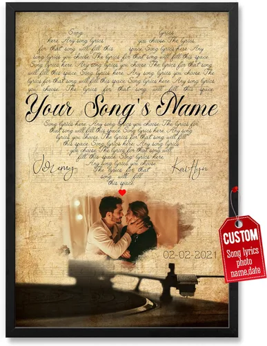Vista 22 de H-DEWALL Póster personalizado de letras de canciones, regalo de boda único para parejas, personaliza con tus propias fotos, nombres y fecha, sin