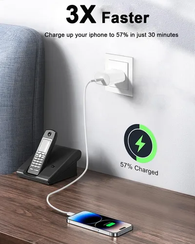 Vista 3 de Cargador súper rápido para iPhone, paquete de 2 unidades de 20 W, bloque de carga rápida USB C con cable Lightning de 6.6 pies, cable de carga
