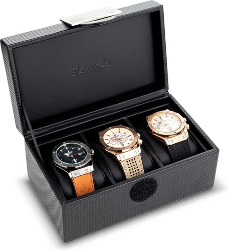 Vista 2 de Funda para reloj de viaje, caja de 3 ranuras para relojes de hombre, soporte para reloj de hombre con hebilla de metal, diseño de fibra de carbono