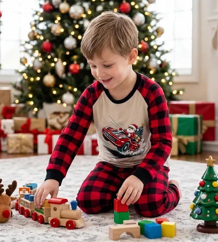 Vista 2 de HONGTEYA Conjunto de ropa de algodón de manga larga para niños y niñas 3-8T 1 coche de Navidad larga