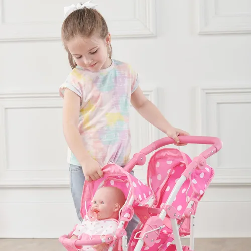 Vista 6 de Badger Basket Cochecito de muñeca doble reversible con lunares para muñecas de 16 pulgadas - rosa/lunares con asientos extraíbles