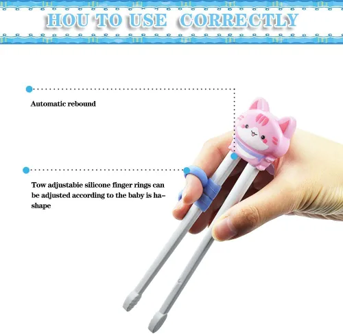 Vista 4 de Quimoy 2 pares de palillos para niños, palillos de rebote automático para niños, palillos con diseño de dibujos animados de animales lindos