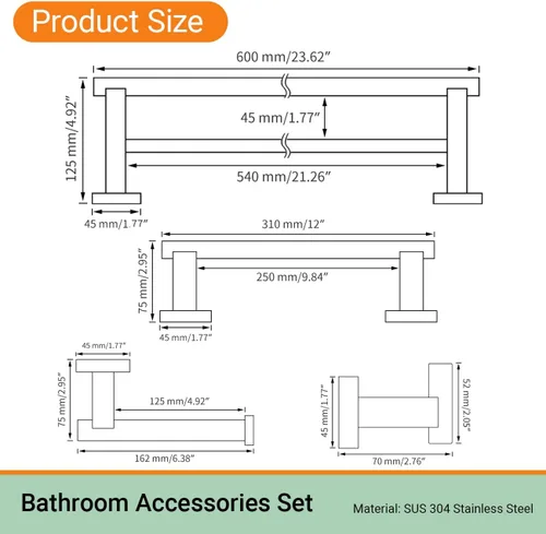 Vista 7 de Hoooh - Toallero de baño de acero inoxidable para baño, cocina, montaje en pared
