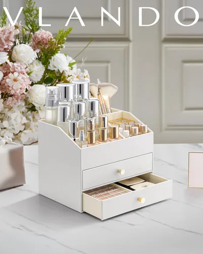 Vista 7 de VLANDO Organizador de maquillaje de 3 capas con 2 cajones grandes para A. Blanco