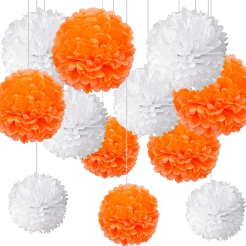 Vista 6 de Pompones de papel negro y naranja, pompones de tejido negro y naranja decoraciones colgantes, decoraciones de fiesta negro y naranja (12 unidades)
