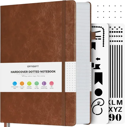 Vista 17 de Diario de viñetas punteadas, diario grande de cuero de tapa dura A4, diario grueso de 312 páginas numeradas, cuaderno con cuadrícula de puntos