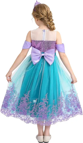 Vista 4 de PURFEEL Vestido de sirena con lentejuelas para niñas vestido de fiesta de sirena bordado con todos los accesorios color morado y verde 8-9 años