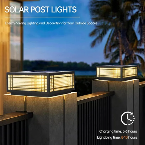 Vista 4 de SLAWA Lámpara de poste solar para poste exterior, con tapas de columna de energía solar LED, lámparas de aluminio impermeable para valla de vidrio
