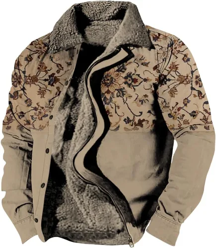 Vista 22 de LOAIHA Chaqueta de invierno para hombre, chaqueta azteca occidental para hombre, con cremallera, forro polar cálido, chaqueta vaquera, étnica vintage