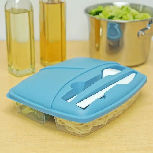Vista 5 de Juego de recipientes de comida de viaje con tenedor y cuchillo, caja de comida de 3 secciones para sobras, ensalada y aperitivos