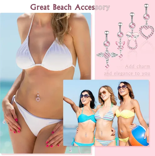 Vista 5 de Junkin 20 piercings colgantes para ombligo de acero quirúrgico 316L, circonita cúbica, piercing para el cuerpo, 20 unidades, 0.49 oz