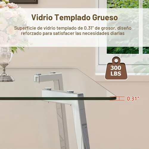 Vista 4 de Juego de mesa de comedor de cristal para 4, mesa rectangular con 4 sillas de cocina de cuero gris, juego de comedor de cocina de 51 pulgadas, mesa 4
