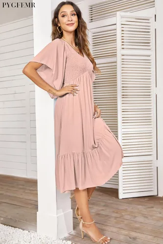 Vista 2 de PYGFEMR - Vestido de verano y escalonado para mujer, vestidos por debajo de la rodilla, fruncidos, manga corta con volantes y cuello en V, Rosado, L