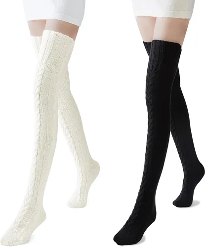 Vista 2 de Pcavin Calcetines altos hasta el muslo para mujer, por encima de la rodilla, calcetines de punto trenzado, calentadores de piernas largos y cálidos