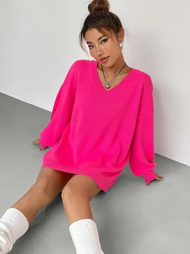 Vista 5 de MakeMeChic Suéter casual de manga larga con cuello en V y hombros caídos para mujer