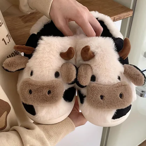 Vista 6 de Reedcore Pantuflas de vaca para mujer, pantuflas de vaca para niñas, pantuflas de algodón de felpa mullida para el hogar, para interiores