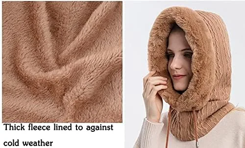 Vista 5 de Gorro de forro polar holgado de una pieza para mujer, bufanda con cordón, cálido, con capucha, pasamontañas de invierno