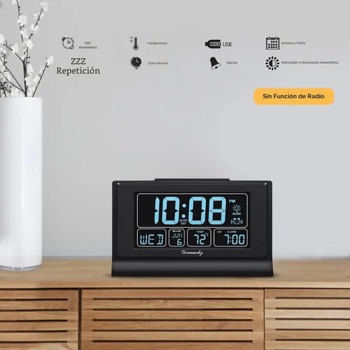 Vista 4 de DreamSky Despertadores para dormitorios con batería de respaldo, reloj digital de ajuste automático con fecha y día de la semana, temperatura