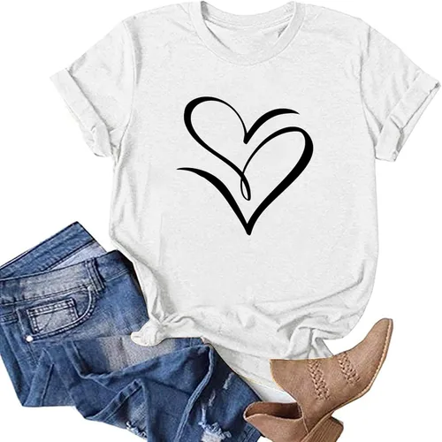 Vista 4 de Comigeewa Camisetas para mujer con cuello barco, camiseta de rayón de manga corta, estampada, para San Valentín, lisas, para verano, primavera 2024