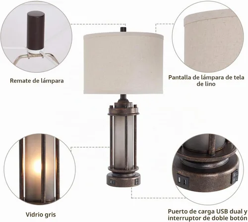 Vista 7 de Lámpara de mesa de granja de 25 pulgadas con 2 puertos de carga USB, lámpara de mesita de noche rústica vintage con luz nocturna de vidrio 1 paquete