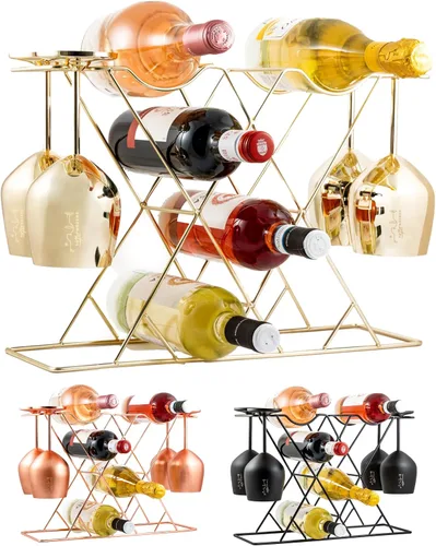Vista 9 de Gusto Nostro Estantes de vino pequeños para 8 botellas y 4 vasos, estante de vino para encimera con soporte para vidrio, moderno estante de vino