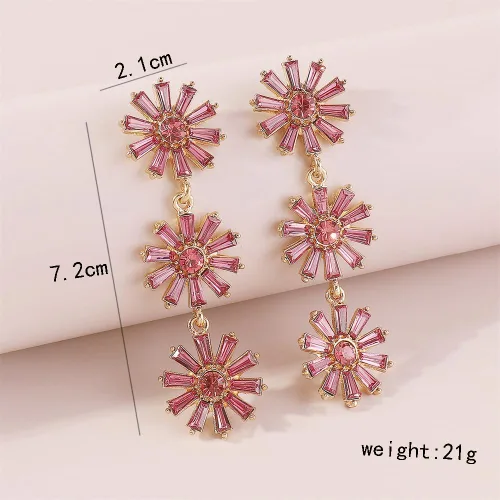 Vista 6 de Aretes largos de cristal con diseño de girasol para mujeres y niñas, chapados en oro, diamantes de imitación coloridos blancos y azul fucsia, piedra