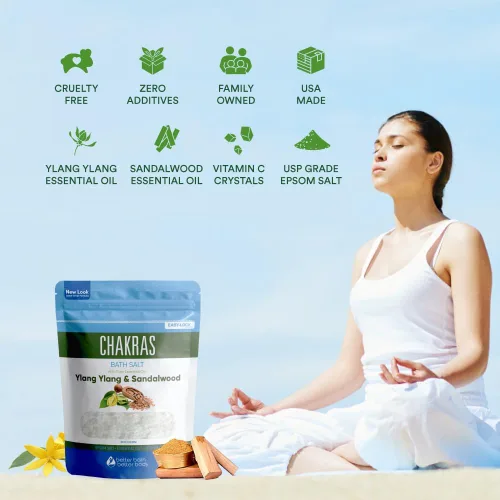 Vista 3 de Chakras - Sal de baño de 32 onzas de sal de Epsom con ylang ylang natural, sándalo, eucalipto, incienso, manzanilla y canela, aceites esenciales más