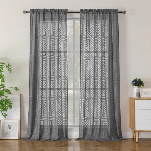 Vista 34 de Simplebrand Cortinas traslúcidas negras de cocina de 24 pulgadas de largo, 2 paneles, filtrado de luz, geométrico jacquard con textura, cortinas