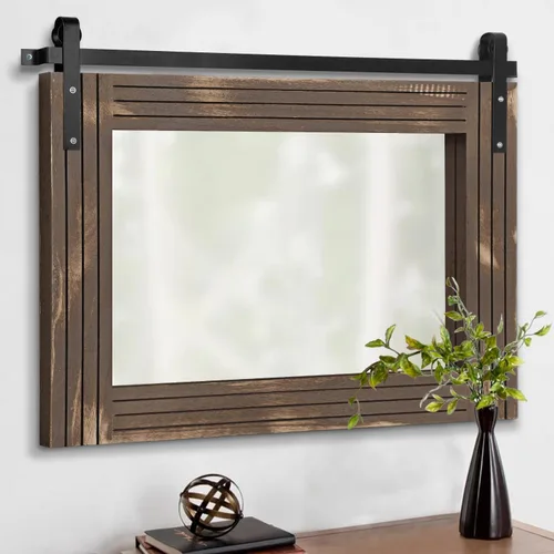 Vista 18 de AAZZKANG Espejo con marco de madera, estilo de puerta de granero, rectangular, decorativo, baño, dormitorio, tocador, decoración de pared del hogar