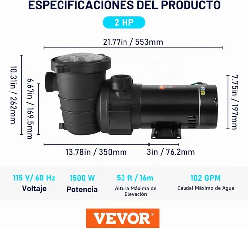 Vista 7 de VEVOR Bomba de piscina 2 HP 6090 GPH Max Flow Bomba de velocidad única, 115