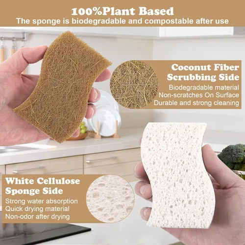 Vista 2 de Paquete de 12 esponjas naturales, esponja de cocina Esponjas naturales para lavar platos, esponja biodegradable compostable de celulosa y coco,