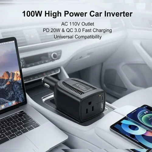Vista 2 de HearGrow - Inversor de corriente de 100 W para vehículo: adaptador de cargador directo de encendedor de cigarrillos sin ventilador, negro