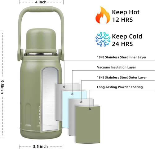 Vista 2 de BJPKPK - Botellas de agua termoaisladas de 27 onzas con tapa y asa de transporte, botellas de agua de acero inoxidable libres de BPA para la Verde