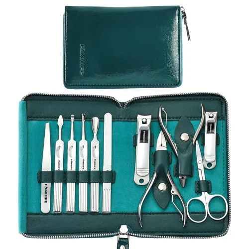 Vista 19 de FAMILIFE - Kit de manicura profesional para uñas, 11 en 1, de acero inoxidable, con estuche de viaje portátil de cuero negro, regalos de lujo para él