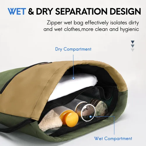 Vista 2 de Haimont Mochila con cordón para hombres y mujeres, bolsa de cuerda deportiva resistente al agua con bolsillo húmedo, viaje de día y natación, caqui