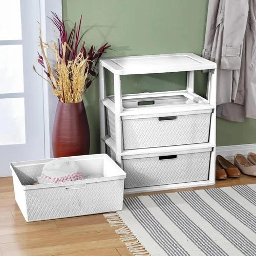 Vista 9 de Amplia unidad de almacenamiento de 3 cajones, fácil montaje, sin herramientas, cajones decorativos extraíbles de plástico de tejido cruzado