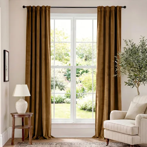 Vista 155 de Lazzzy Cortinas opacas de terciopelo beige de 84 pulgadas de largo con aislamiento térmico para oscurecer la habitación, cortinas forradas de lujo