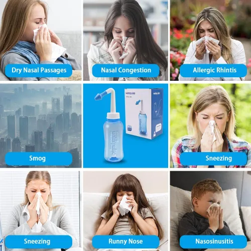 Vista 6 de Neti Pot - Botella de enjuague sinusal, limpiador de lavado de nariz, enjuague a presión, riego nasal para adultos y niños, sin BPA, kit de lavado