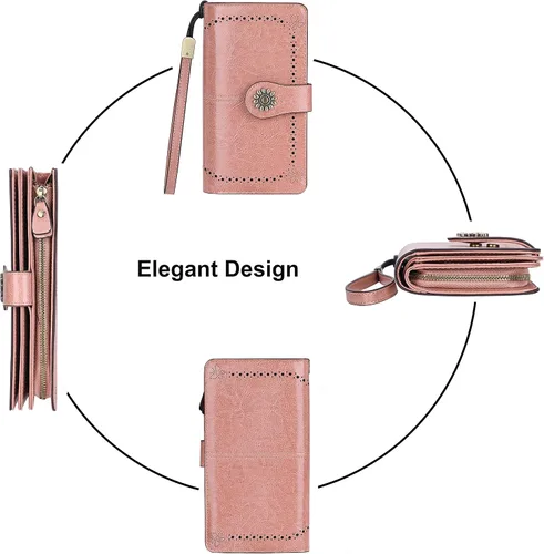 Vista 4 de Lavemi - Cartera de piel con bloqueo RFID para mujer, de gran capacidad, para llevarla a la muñeca